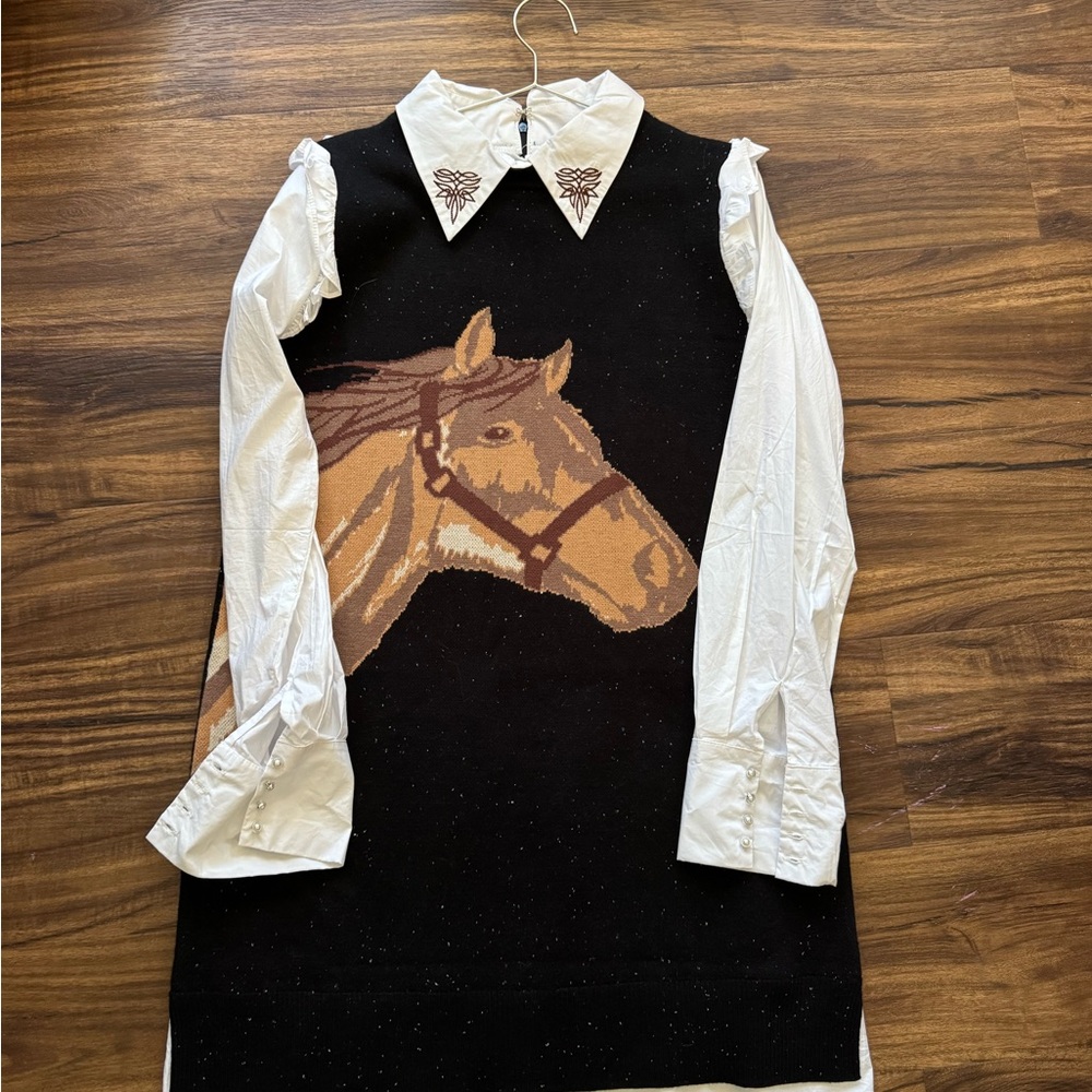 Blush Out West | Black Horse Sweater Dress with White Blouse Collar